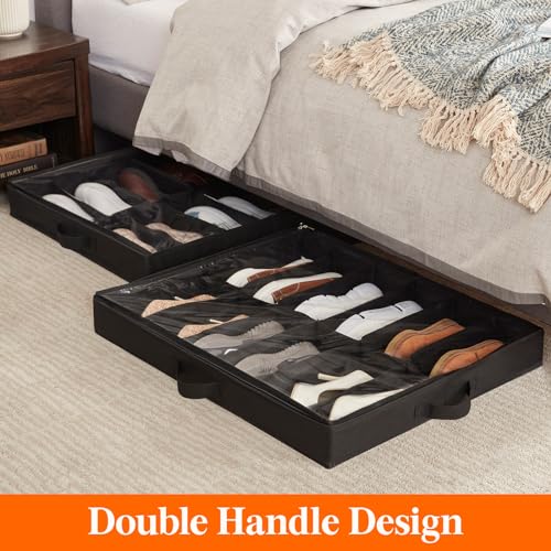 Lifewit Under Bed Shoe Storage Organizer 3 Pack(12 Shoes Cells), 4.3 Inches Profile Fabric Shoes Container Box with Clear Cover, Foldable Storage Bag with 2 Handles, Fits 18 to 36 Pairs - style: 12 Shoes Cells