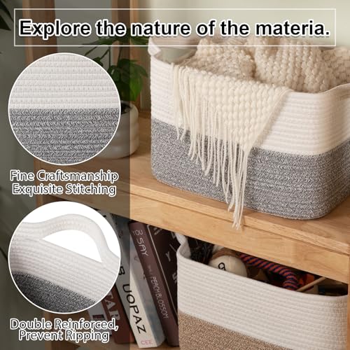 OIAHOMY Woven Storage Basket for Shelves, Rectangle Cotton Rope Baskets for Organizing, 16 x 12 x 10 in, Storage Bins for Dog Toys,Towel,Books,Gift,Grey and White - color: Grey and White, size: 16"x12"x10"