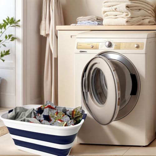 SAMMART Collapsible Plastic Laundry Basket with Handle/Foldable Pop Up Storage Hamper/Portable Laundry Organizer-Space Saving Washing Tub/Household Storage (White/Starry Blue, 27L) - color: White/Starry Blue, size: 27L