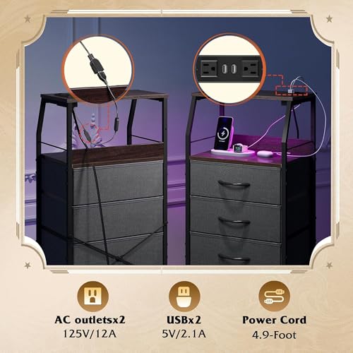 WLIVE Nightstand with Charging Station, Night Stand with LED Light, Tall 4 Drawer Dresser for Bedroom, 37" H Bedside Table with Fabric Storage Bins, Open Wood Shelf, Metal Frame, Dark Grey - color: Dark Grey, size: 4 Drawers