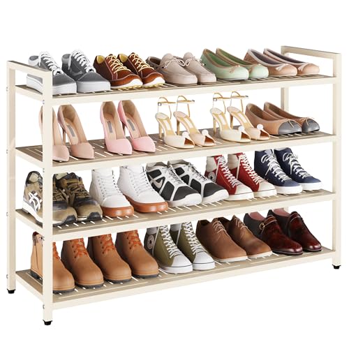 4-Tier Heavy Duty Metal Shoe Rack, 200 lbs Load Capacity Shoe Organizer with Reinforced Steel Tubes, No-Wobble Free Standing Shoe Shelf for Entryway, Closet, Bedroom, Dorm – Easy Assembly, Black - color: White, size: 4Tier/27.6"H×42.1"W×9.8"D