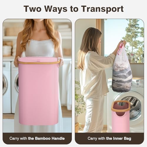 Slim Laundry Hamper with Lid, 60L Small Laundry Basket with Handles&Removable Bag, Thin Dirty Clothes Hampers for Laundry, Narrow Laundry Hampers for Bedroom Aesthetic, Pink - color: Pink, size: 60L
