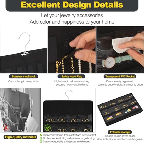 Hanging Jewelry Organizer with Multi-size pockets Double-Sided Jewelry Holder for Earrings, Necklaces, Rings on Closet, Wall, Door,Jewelry Organizer Hanging for Closet, Black - color: black