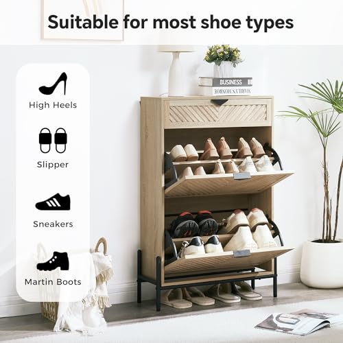 Shoe Cabinet Storage with 2 Flip Drawers, Narrow Hidden Shoes Cabinet Organizer for Entryway, Freestanding Slim Shoe Rack Front Door Entrance(Oak) - color: Oak, size: Medium