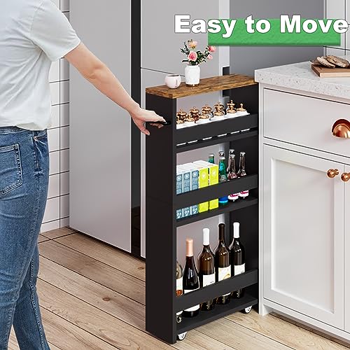 MARTY Rolling Storage Cart 4-Tier Black Kitchen Cart with Wheels, Slim Storage Cart with Handle Slide Out Utility Cart Shelving Unit Organizer Trolley for Laundry Narrow Places Bathroom Small Corner - color: Black, size: 5.51"D x 15.75"W x 31.5"H