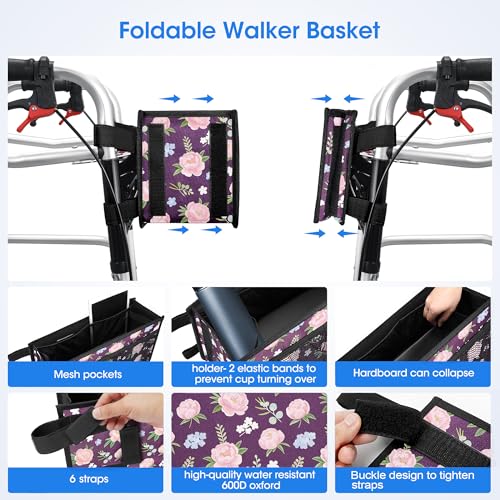 Dotday Upgraded Walker Basket with Cup Holder, Foldable Walker Bag with Large Capacity & Never Tipping Over- Not Fit for Rollator - color: Purple