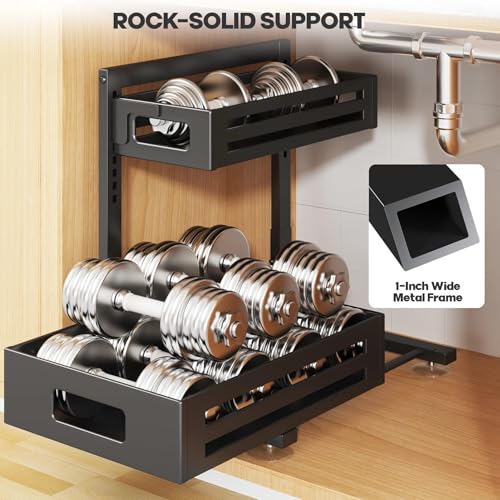 2 Pack Under Sink Organizer,Pull Out Cabinet Organizer with Smooth Cylindrical Rail,Metal Slide Out Drawer for Kitchen Bathroom Laundry Cabinet,8-Level Tool Free Height Adjustable-Black - color: Black, size: 2 Pack-15"Dx9.5"-16.7"H