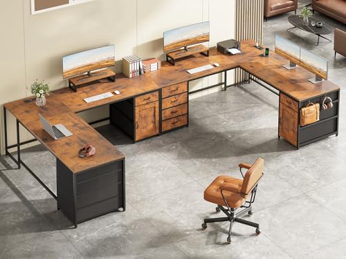 SEDETA L Shaped Desk, 63'' Corner Desk with 5 Drawer & Power Outlet, Larger Home Office Desk or Gaming Desk, L Shaped Corner Desk with Monitor Shelf, Storage Cabinet, Rustic Brown - color: Rustic Brown