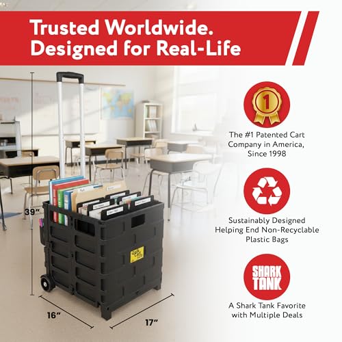 dbest products Quik Cart Pro Wheeled Rolling Crate Teacher Utility with seat Heavy Duty Collapsible Basket with Handle, Aluminum, Black - color: Black, style: Pro