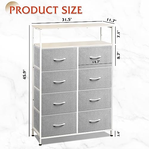 WLIVE Fabric Dresser for Bedroom with Open Shelves, Tall Dresser with 8 Drawers, Storage Tower with Fabric Bins, Chest of Drawers for Closet, Living Room, Hallway, Light Gray - color: Light Grey, style: Raised Shelves