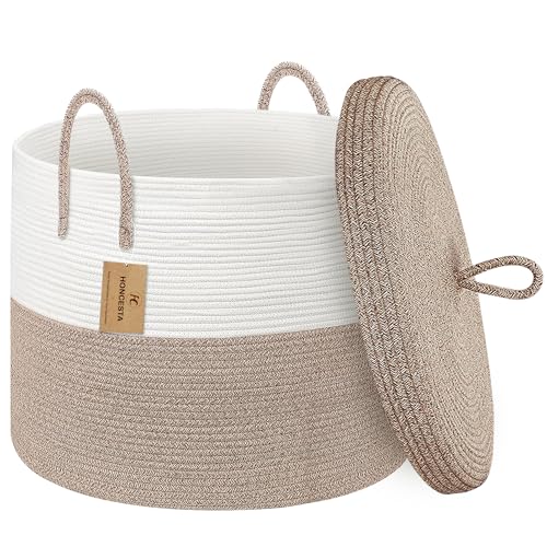 18" X18“ X 14" Large Storage Basket with Lid, Blanket Basket Living Room, Woven Cotton Rope Storage Box, Lidded Kids Dog Toy Bin, Wicker Laundry Basket, Blankets Pillows Organizer Holder - color: Brown/White