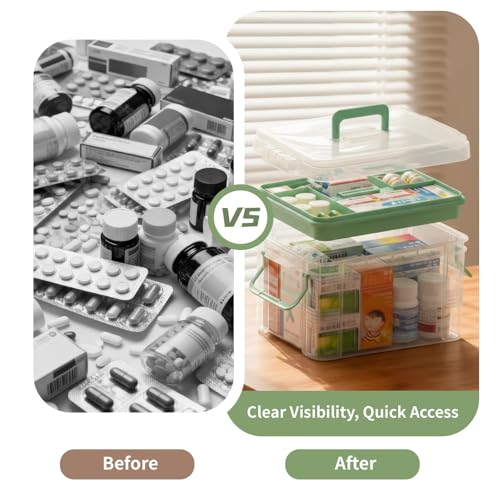 2 Pack Clear Medicine Organizer Storage Box with Tray, Portable Medicine Cabinet with Handle, Plastic First Aid box Empty with pill case for home and travel