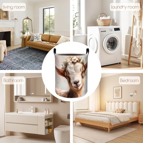 Cute Goat Floral Laundry Basket, Foldable Oxford Cloth, Waterproof Dirty Clothes Hamper with Handles, Clothing Storage Bucket Toy Organizer for Bathroom Bedroom Dorm, 19.7"x15.7" - style: Goat