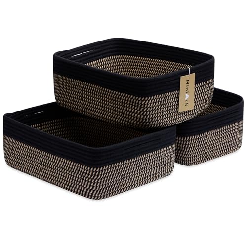 MiniArk Large Shallow Organizing Baskets 15x11x5.1 Inches - Rope Woven Storage Bins for Bathroom, Shelves, Cube Closet, Black Woven Brown 3 Packs - color: Black & Woven Brown, size: 3pcs-L15×W11×H5.1"
