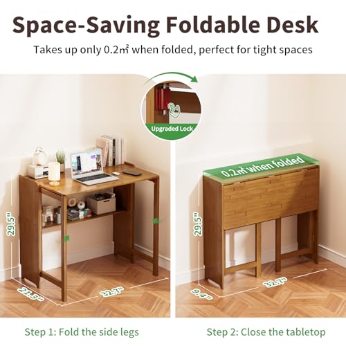Bamboo Foldable Desk, Folding Desks for Small Spaces, Mid Century Small Computer Desk with Bookshelf for Bedroom Home Office, Brown - color: Brown, size: 21.3"D x 32.7"W x 29.5"H