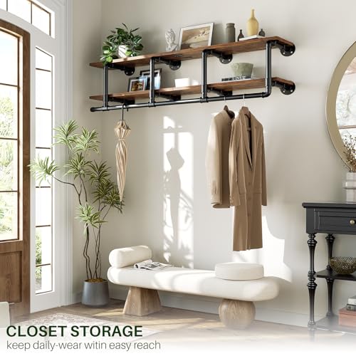 Aheaplus Industrial Pipe Clothes Rack with Top Shelf, 59In Space-Saving Wall Mounted Clothing Rack, 2 Tiers Heavy Duty Pipe Clothing Shelves with Hanging Rod for Laundry Room, Closet, Rustic Brown - color: Rustic Brown, size: 59IN