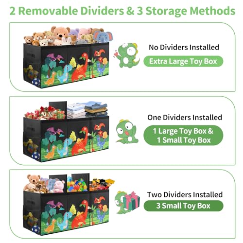 Extra Large Kids Toy Box, Foldable Toy Organizer with Dividers & Lids, 148L Dinosaur Storage Bin for Toddlers Boys Girls, Collapsible Chest for Toys, Books, Bedroom, Playroom, Nursery Black - color: Black
