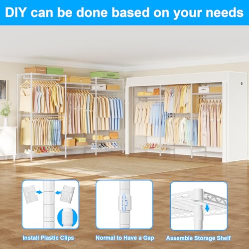 Ulif E13C Pro Heavy Duty Closet Organizer System，Freestanding Clothing Racks for Hanging Clothes，Adjustable Garment Rack 75" W x16 D x77 H Hold 1000lbs，White Rack with White Dustproof Cover - color: White Rack with White Cover, size: E13C Pro