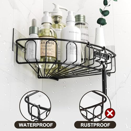 Orimade Corner Shower Caddy Stainless Steel with Hooks Wall Mounted Bathroom Shelf Storage Organizer Adhesive No Drilling 3 Pack, Black Only for 90-Degree Corner - color: Black