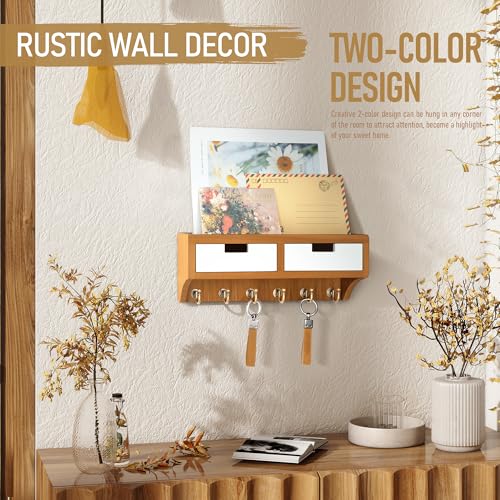 Rebee Vision Modern Farmhouse Key Holder Wall Mount with 2 Drawer Organizer : Mail Organizer with 6 Key Hooks and Wall Shelf - Home Organization for Room Decor (Light Brown & White) - color: Light Brown & White, style: 2-Drawer