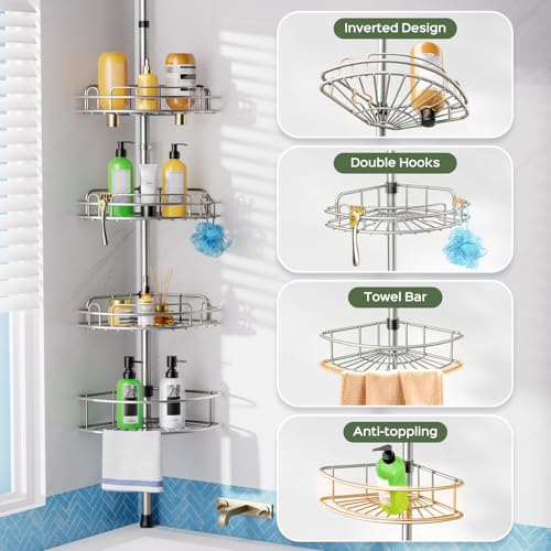HAMITOR Shower Caddy Tension Pole: 4-Tier Rustproof Bathroom Corner Shelf Organizer for Renter - No Drill Large Shampoo Storage Rack - Adjustable 47-121" - Space Saving Bathtub Accessory - Silver Gray - color: Silver Gray