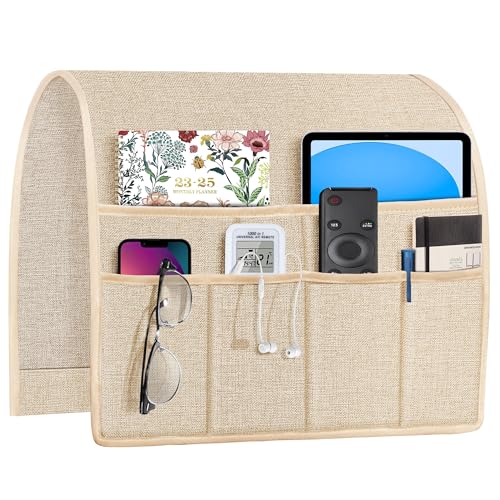 Joywell Sofa Armrest Organizer Couch Armchair Caddy Remote Control Holder for Recliner Non Slip Arm Chair Caddie with 6 Pocket Storage for Magazine, Tablet, Phone, iPad, Champagne - color: Champagne, size: 19'' x 35''