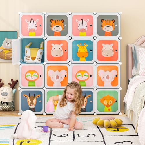 HONEY JOY Kids Wardrobe Closet, Baby Cartoon Clothes Storage Organizer, 8 Cubes & 2 Hanging Sections, Portable Children DIY Modular Bedroom Armoire Dresser Cabinet for Boys Girls (Blue, 8-Cube) - color: Blue, size: 8-Cube