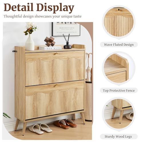 Bifins Shoe Storage Cabinet with 2 Flip Doors, 31.5" Narrow Fluted Design for Space Saving, Freestanding Entryway Shoe Organizer for Hallway & Living Room (Natural Oak 2 Drawer) - color: Natural Oak 2 Drawer