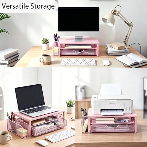 Spacrea Desk Organizer and Accessories, Computer Monitor Stand Riser with Drawer and 1 Open Pen Holder, Printer & Laptop Stand, Office Desk Accessories for Home Office Supplies (Pink) - color: Pink - Metal Drawer