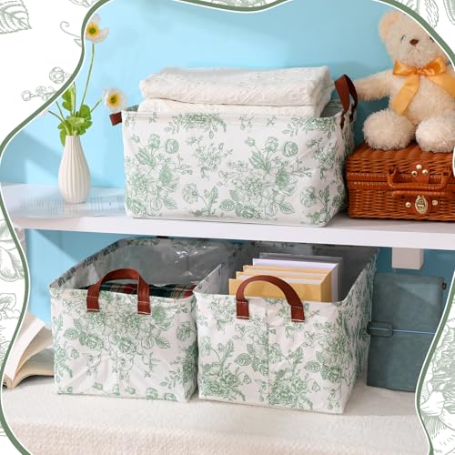 Boao 3 Pcs Sage Green Floral Storage Bin Collapsible Large Storage Baskets for Gifts Canvas Laundry Basket Foldable Box with Handle for Office Home Bedroom Clothes - style: Green Flower