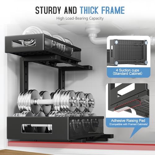 1 Pack-11.4"-16.14"H Under Sink Storage Organizer, Large 2-Tier Elegant Mesh Pull Out Shelf for Kitchen and Bathroom Cabinet Organization, L-Shaped and Adjustable Height Design for Maximum Space-Black - color: Black, size: 1 Pack-15.74"Dx11.4"-16.14"H