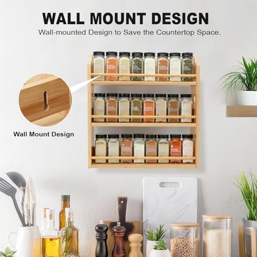 3 Tier Bamboo Spice Rack, Spice Rack Organizer, Seasoning Jars Rack Shelf Spice Organizer for Kitchen Counter or Wall Mounting, Spice Storage Holder with handles, Jars Not Included,Natural - color: Natural with Handles
