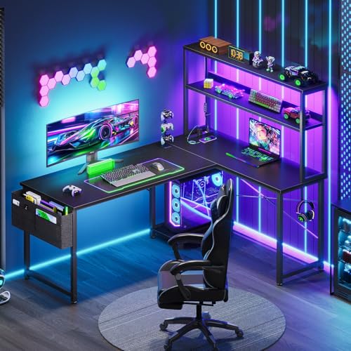 AODK L Shaped Desk Gaming Desk with LED Light & Power Outlet, 53 Inch Reversible L Shaped Computer Table with Shelf & Storage Bag & Hook for Home Office, Black - color: Black, size: 53 inch