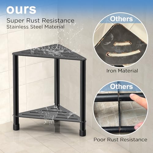 Stainless Steel Black Shower Stool for Inside Shower, 15.4'' H Shower Foot Rest, Corner Shower Stool with Storage Shelf, Shower Step for Shaving Legs, Bathroom Corner Shower Bench - color: Black