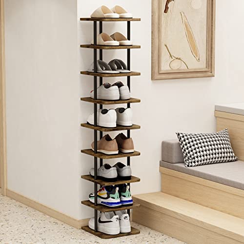AZERPIAN Shoe Rack 9 Tier Vertical Storage Organizer Narrow Metal Slim Shelf Modern Free Standing Shoe Tower Saving Space for Closet Entryway Bedroom,Black+Rustic Brown - color: Black+rustic Brown, size: 9 Tier