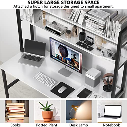 Aquzee Computer Desk with Shelves, 47" W x 23.6" D Gaming Desk with Hutch and Bookshelf, White Study Table for Bedroom Space Saving with 3 Tier Storage Shelf, Home Office Desk for Writing Work - color: White, size: 47inch