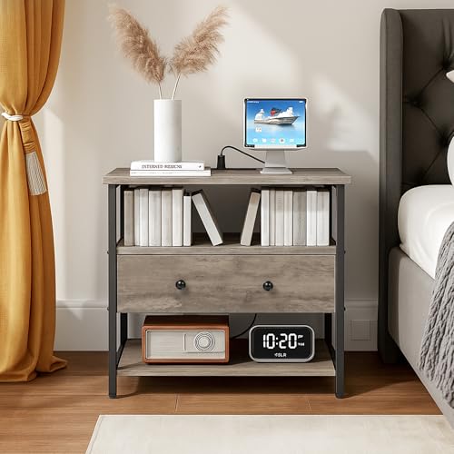 Edbuosy 27 Inch Wide Night Stand with Charging Station, Wood Nightstand with Open Shelf, Large Drawer Bedside Table for Living Room/Bedroom/Office (Rustic Gray) - color: Rustic Gray, size: 1 Drawer