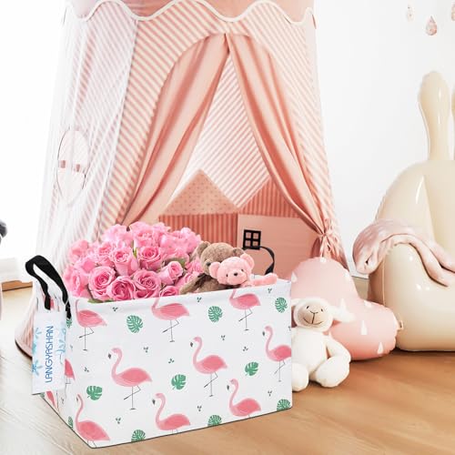LANGYASHAN Rectangular Storage Bin Collapse Canvas Fabric Cartoon Storage Basket with Handles for Organizing Home Kitchen Boys and Girls Toys Office Closet Shelf Baskets(Rec Leaf Flamingo) - color: Rec Leaf Flamingo