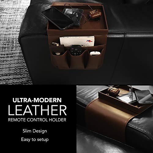 NEATOPA Couch Remote Caddy Control Holder Sofa Organizer with Detachable Wooden Snack Tray for Recliner Mattresses Chair Armrests with 4 Slots - 1 Large Pockets and 3 Small Pockets (Brown) - color: Brown