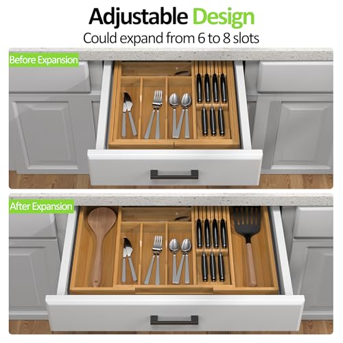 Bamboo Kitchen Drawer Organizer, Expandable Silverware Organizer with Removable Knife Block, 6-8 Slots- Utensil Holder & Cutlery Tray Drawer Dividers, 2.36" Deep for Extra Capacity, Natural - color: Natural