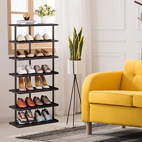 SORCEDAS 7 Tiers Vertical Shoe Rack Wooden Shoe Storage Organizer for Space Saving Narrow Shoe Shelf Storage 14 Pairs for Entryway Living Room Bedroom(Black + Rustic Dark Brown) - color: Black + Rustic Dark Brown, size: 7 Tier-Large