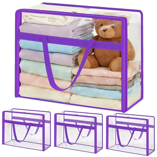 SGHUO Clear Storage Bags 60L Extra Large Plastic Vinyl Blanket Storage Bag for Clothes, Comforter, Bedding, Moving Bags with Zipper and Reinforced Handle (4pcs, Purple) - color: D-Purple