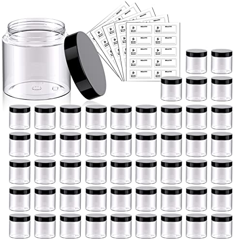 50 Pack 2 OZ Plastic Jars Round Clear Cosmetic Container Jar with Lids, Eternal Moment Plastic Slime Jars for Lotion, Cream, Ointments, Makeup, Eye shadow, Rhinestone, Samples, Pot, Travel Storage - color: Black Lid, size: 2 Ounce