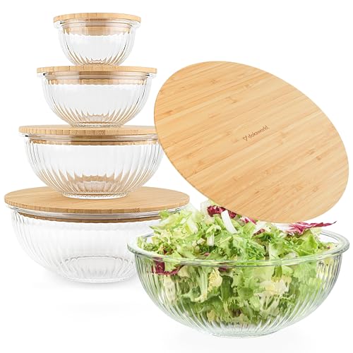 Stackable Space-Saving Set of 5 Nesting Glass Bowls with Bamboo Lids for Foodprep, Storage, Baking, Mixing & Cooking, Microwave & Oven Safe BPA Free Heat Resistant Inert Borosilicate Glass - color: 5 Mixing Bowls with Bamboo Lids (Ribbed)