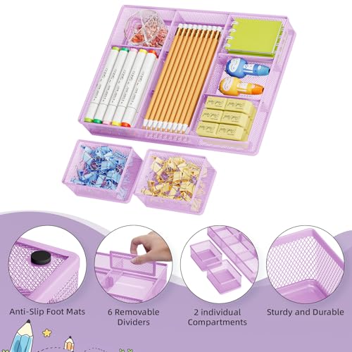 Marbrasse 3 Packs Desk Drawer Organizers, Metal Mesh Dividers with 9 Adjustable Compartments, Pen Organizer for Drawer Tray Box Accessories for Desktop,Kitchen, Makeup(Purple) - color: Purple