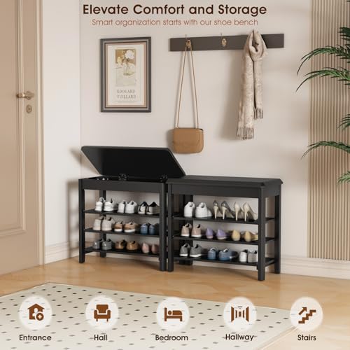 IUNVR Shoe Rack Bench Seat Rubberwood 3-Tier Wooden Storage Bench 550lbs Compact Mid-Century Modern Design for Entryway, Hallway, Closet, Front Door Entrance, Foyer - color: Black-3 Tier(wood), size: 23.6"W x 11.8"D x 20.5"H
