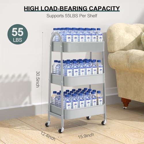 EAGMAK 3 Tier Utility Rolling Cart, Metal Storage Cart with Handle and Lockable Wheels, Multifunctional Storage Organizer Trolley with Mesh Baskets for Kitchen, Living Room, Office, Garage (Grey) - color: Gray, size: Normal