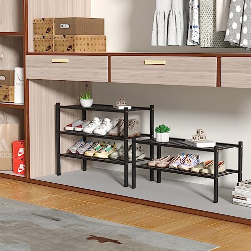 ROMGUAR CRAFT 3 Tier Bamboo Shoe Rack for Closet Free Standing Wood Shoe Shelf Storage Organizer for Entryway Small Space Stackable 27"x11"x20" (Black) - color: Black, size: 3 Tier