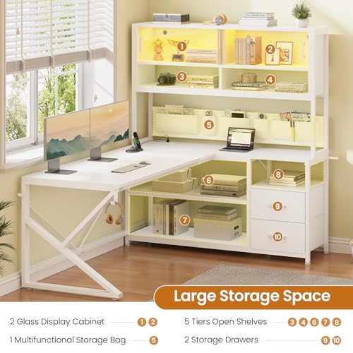SEDETA L Shaped Gaming Desk, Home Office Computer Desk with 2 Drawer and Bookshelf, L Shaped Gaming Corner Desk with LED Light, Glass Cabinet,Storage Bag and Storage Shelves, White - color: White