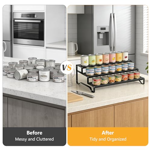 Attelite 3 Tier Expandable Can Rack Organizer for Pantry, Adjustable 13"-21" Metal Soda Can Organizer, Pantry Organization Canned Food Storage Holder for Kitchen Cabinet Countertop, Black 1Pack